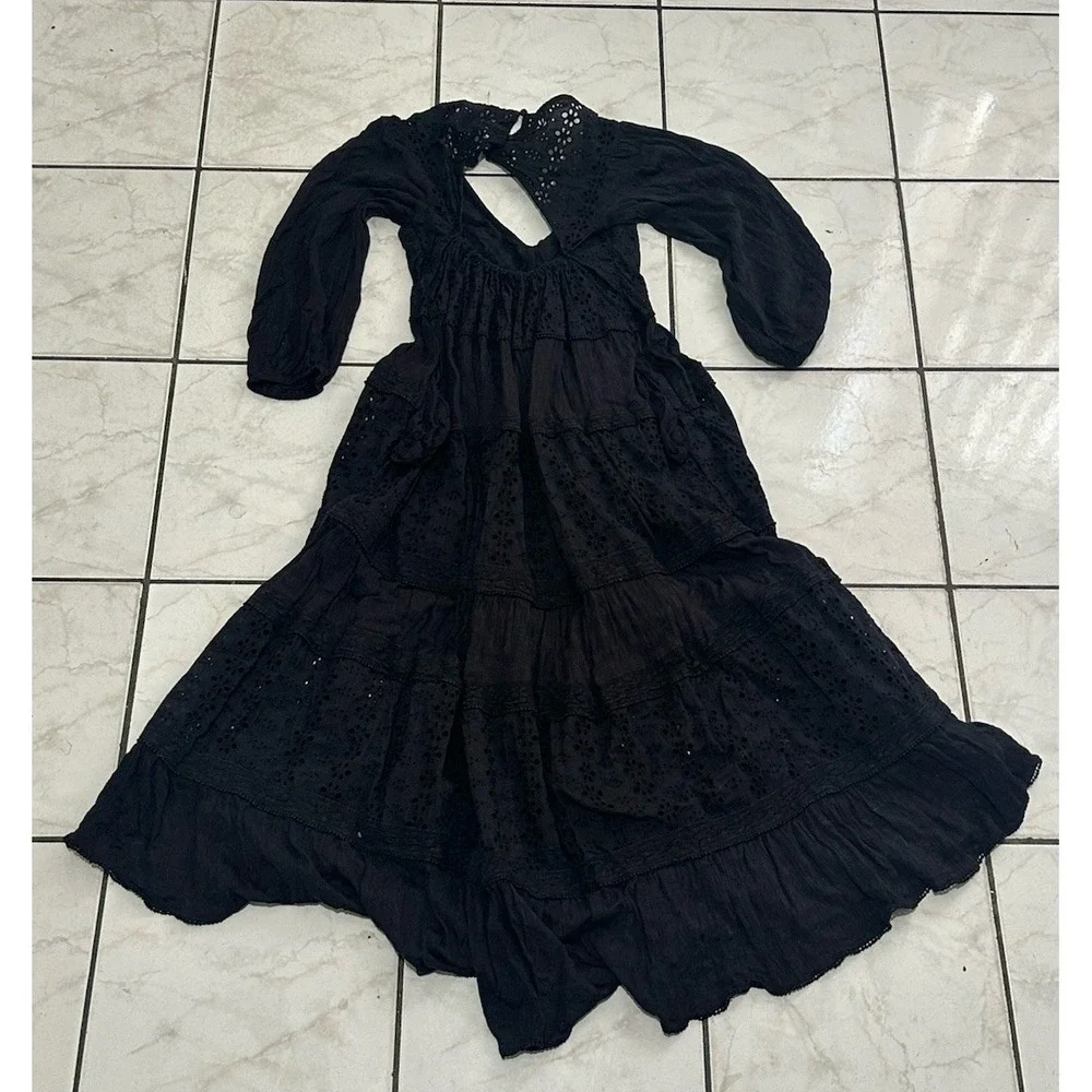 Free People Mockingbird Black Long Sleeve Eyelet Maxi Dress SZ XS EUC